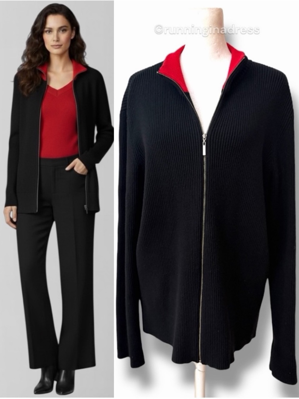 90s Saks Fifth Avenue Real Clothes Black Red Ribbed Zip Cardigan Sweater Jacket